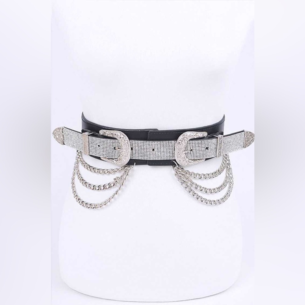 Double Buckle Silver & Black Rhinestone Western Chain Statement Belt